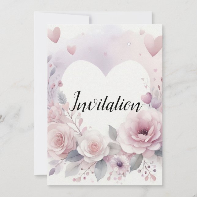 Monogram name floral hearts romantic watercolor  einladung (Vorderseite)