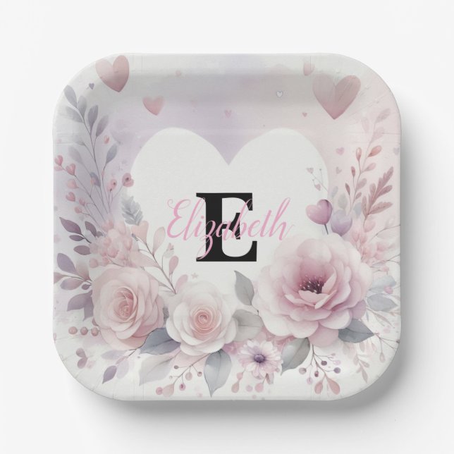 Monogram name floral hearts romantic watercolor  pappteller (Vorderseite)