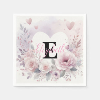 Monogram name floral hearts romantic watercolor  serviette