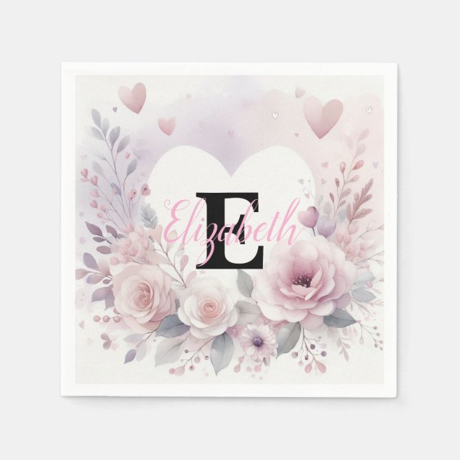 Monogram name floral hearts romantic watercolor  serviette (Vorderseite)