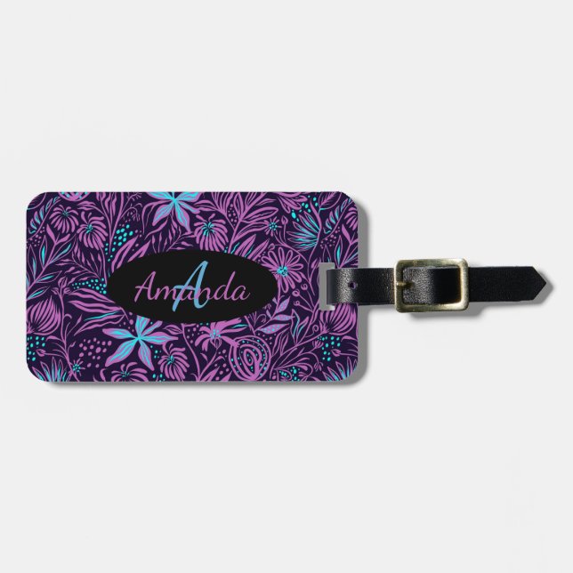 Monogram Name Floral Pink Lila Aquamarin Black Mod Gepäckanhänger (Vorderseite horizontal)