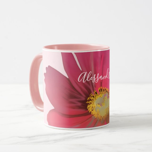 Monogram Name Floral Red Wildflower Pastel Pink  Tasse (Vorderseite Links)
