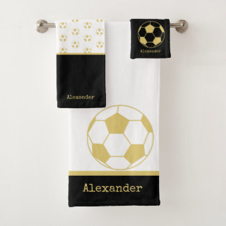 Monogram Name Fußball Gold Schwarz und Weiß Badhandtuch Set