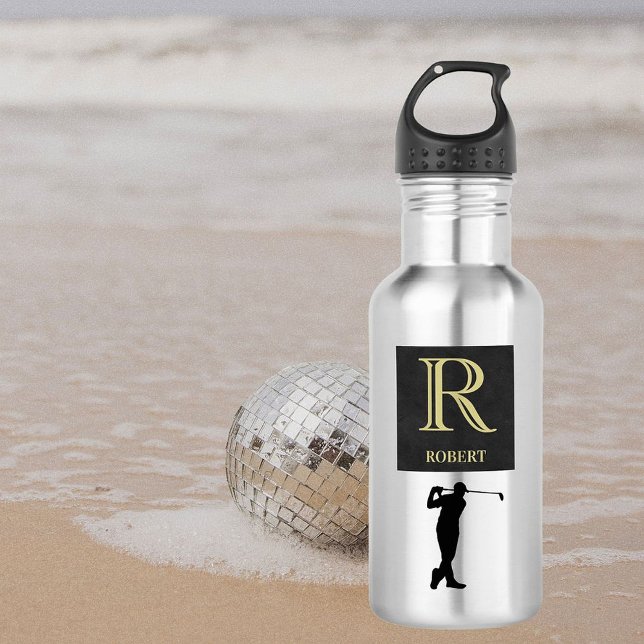 Monogram Name Gold Black Golfer Edelstahlflasche (Von Creator hochgeladen)
