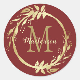 Monogram Name Gold Burgundy Weihnachtsschaden Runder Aufkleber