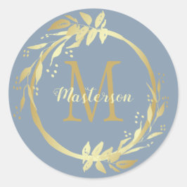 Monogram Name Gold Dusty Blue Weihnachtsfeier Runder Aufkleber