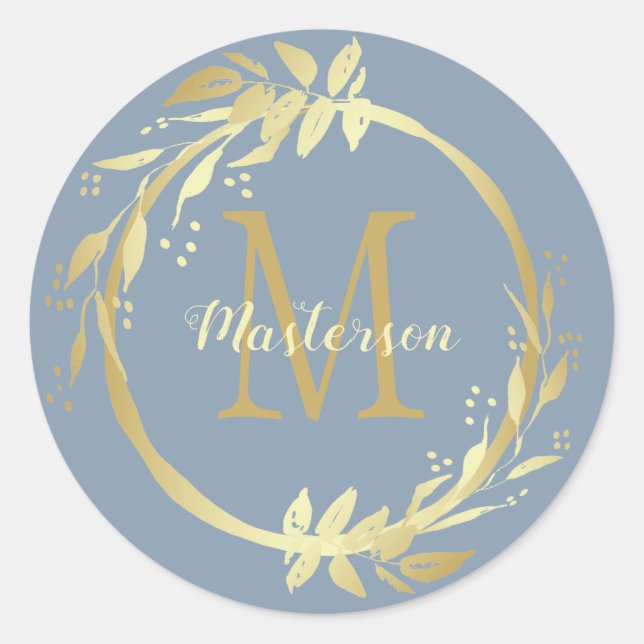 Monogram Name Gold Dusty Blue Weihnachtsfeier Runder Aufkleber (Vorderseite)