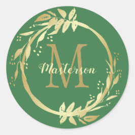 Monogram Name Gold Green Weihnachtslied Runder Aufkleber