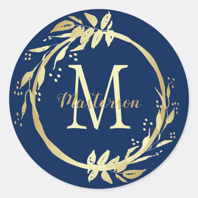 Monogram Name Gold Navy Blauer Weihnachtskranz Runder Aufkleber (Vorderseite)