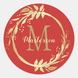 Monogram Name Gold Red Christmas Wedge Runder Aufkleber