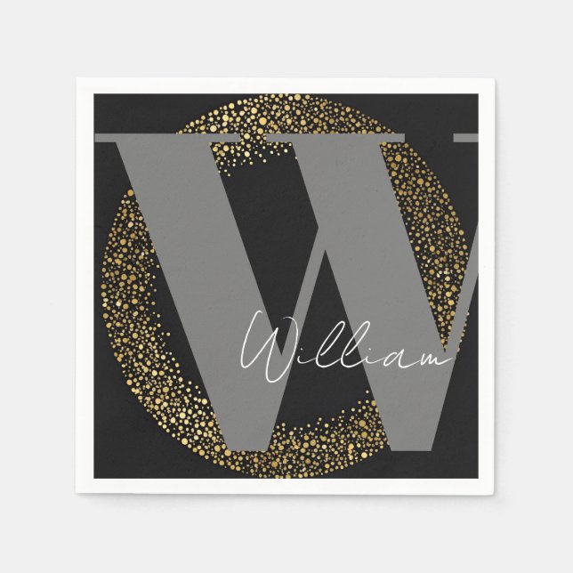 Monogram-Name Gold schwarz grau stylisch Serviette (Vorderseite)