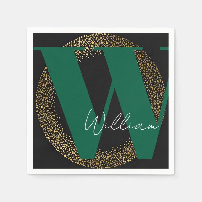 Monogram-Name Gold schwarz grün stylisch Serviette (Vorderseite)