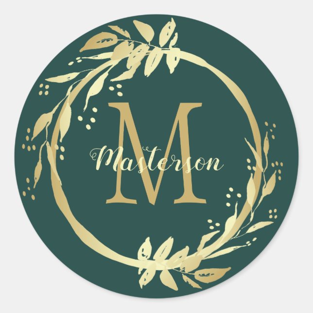 Monogram Name Gold Smarald Green Weihnachtskranz Runder Aufkleber (Vorderseite)