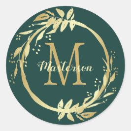 Monogram Name Gold Smarald Green Weihnachtskranz Runder Aufkleber
