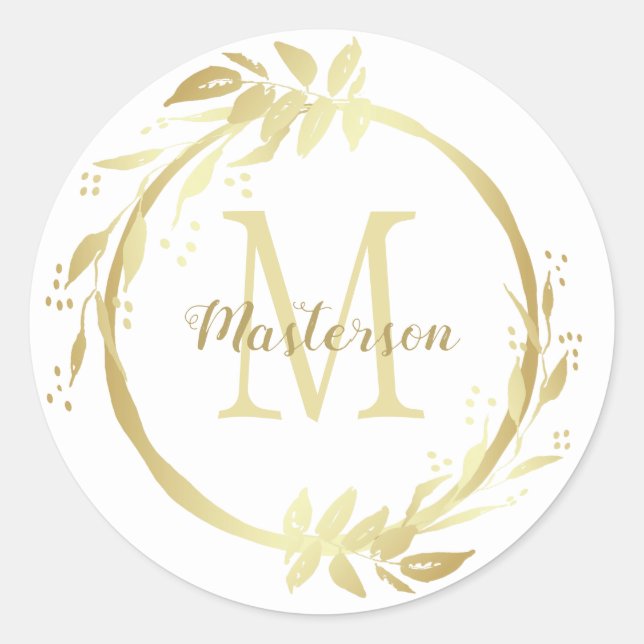 Monogram Name Gold White Christmas Wreath Classic Runder Aufkleber (Vorderseite)