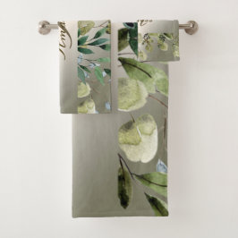 Monogram Name Green Blätter Golden Bronze Elegante Badhandtuch Set