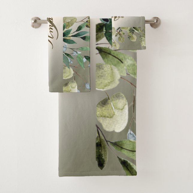 Monogram Name Green Blätter Golden Bronze Elegante Badhandtuch Set (Insitu)