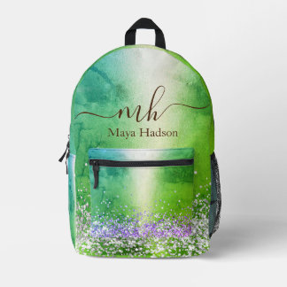 Monogram Name Green Metallic Glitzer Bedruckter Rucksack