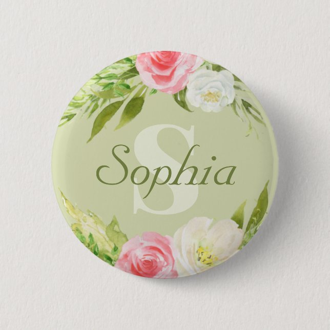 Monogram Name Green Pink Watercolor Floral Button (Vorderseite)