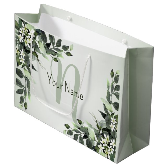 Monogram Name Greenery Floral Eukalyptus Blätter Große Geschenktüte (Vorderseite Schrägansicht)
