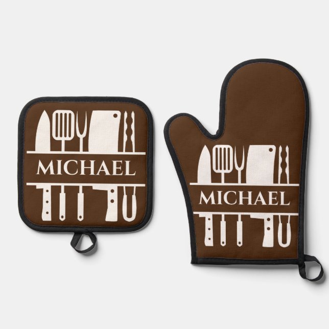 Monogram Name GRILLEN Koch Cook Grilling Ofenhandschuh & Topflappen-Set (Vorderseite)
