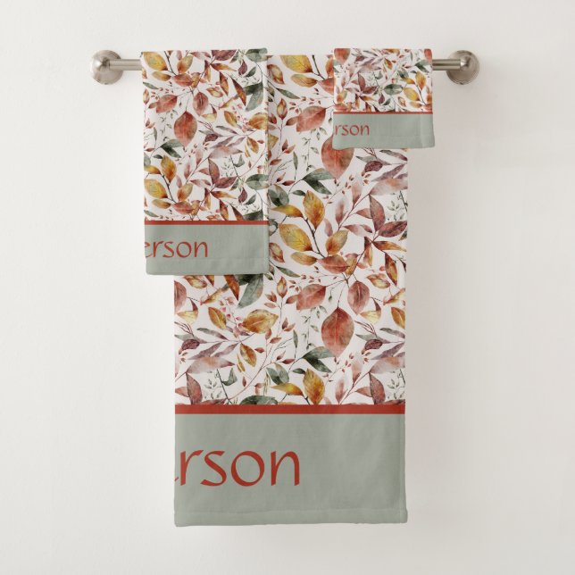 Monogram Name Herbstlaubs Green Orange Red Badhandtuch Set (Insitu)
