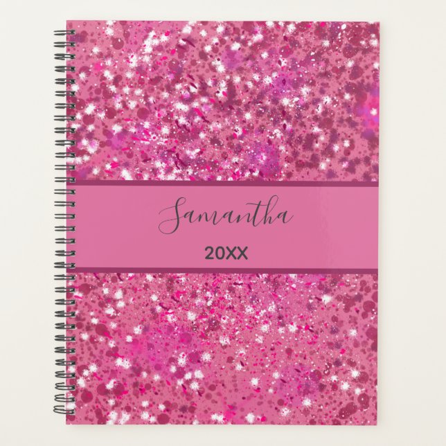 Monogram Name Hot Pink Glitzer Sparkle Girly Glam Planer (Vorderseite)