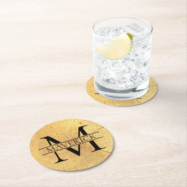 Monogram Name Imitats Natural Wood Texture Runder Pappuntersetzer (Vor Ort)