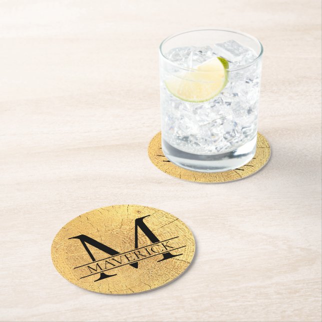 Monogram Name Imitats Natural Wood Texture Runder Pappuntersetzer (Vor Ort)