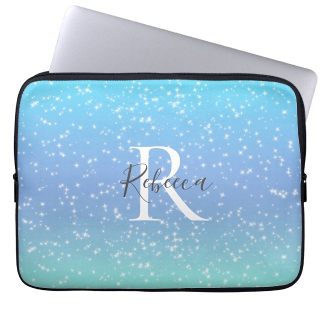 Monogram Name Initial Blue Green Sparkle Girly Laptopschutzhülle (Vorderseite)