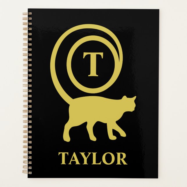 Monogram Name Initial Kitty Cat Lover Black Gold Planer (Vorderseite)