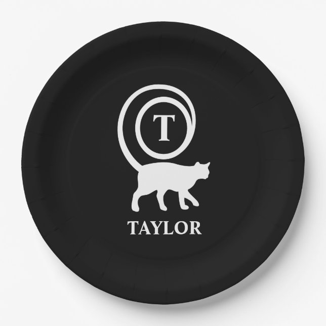 Monogram Name Initial Kitty Cat Lover Schwarz-weiß Pappteller (Vorderseite)