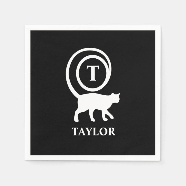 Monogram Name Initial Kitty Cat Lover Schwarz-weiß Serviette (Vorderseite)