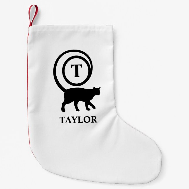Monogram Name Initial Kitty Cat Lover White Black Kleiner Weihnachtsstrumpf (Vorderseite)