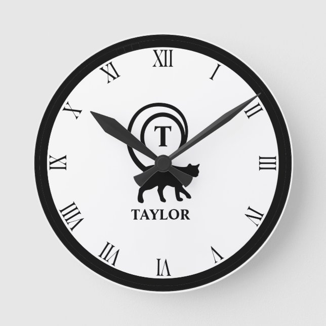 Monogram Name Initial Kitty Cat Lover White Black Runde Wanduhr (Vorderseite)
