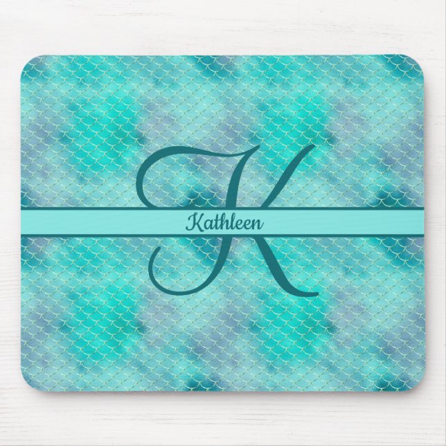 Monogram Name Initial Mermaid Blue Lila Green Mousepad (Vorne)