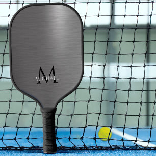 Monogram Name Initial Metallic Black Gray Elegant Pickleball Schläger
