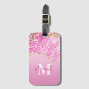 Monogram Name Initial Pink Gold Glam Glitzer Gepäckanhänger