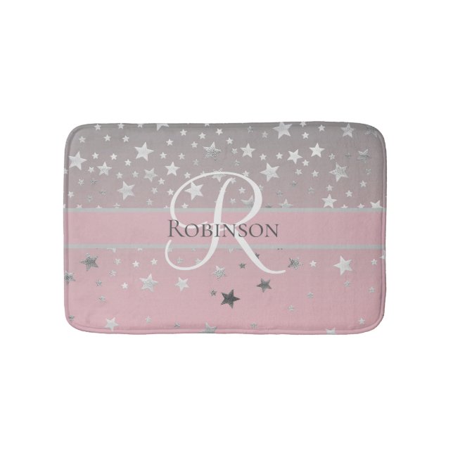 Monogram Name Initial Pink Gray Silver Trendy Badematte (Vorderseite)