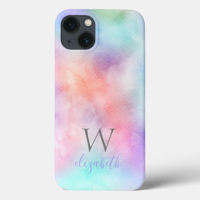 Monogram Name Initial Rainbow Watercolor Pastel Case-Mate iPhone Hülle (Rückseite)