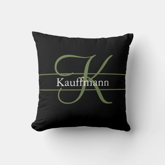 Monogram Name Initial Script Black Green Kissen (Vorderseite)