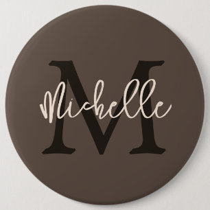 Monogram Name Initial Script Cream Brown Button