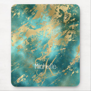 Monogram Name Initial Turquoise Green Gold Marmor Mousepad