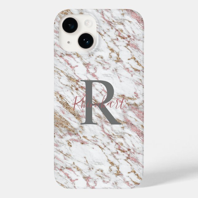 Monogram Name Initial White Gray Gold Pink Marble Case-Mate iPhone Hülle (Rückseite)
