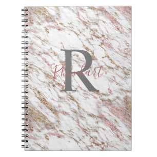Monogram Name Initial White Gray Gold Pink Marble Notizblock