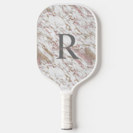 Monogram Name Initial White Gray Gold Pink Marble Pickleball Schläger