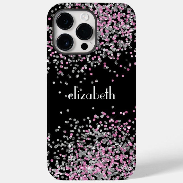 Monogram Name Initials Black Pink Silver Glitzer Case-Mate iPhone Hülle (Rückseite)