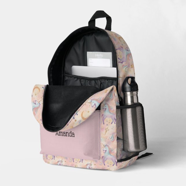 Monogram Name Initials Pastel Unicorns Girls Bedruckter Rucksack (Rückseitige Ecke links (Offen) )
