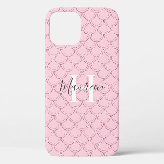 Monogram Name Initials Pink Mermaid Scales Glitzer Case-Mate iPhone Hülle (Rückseite)