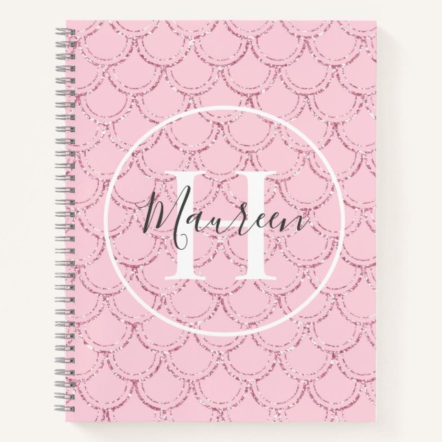 Monogram Name Initials Pink Mermaid Scales Glitzer Notizbuch (Vorderseite)